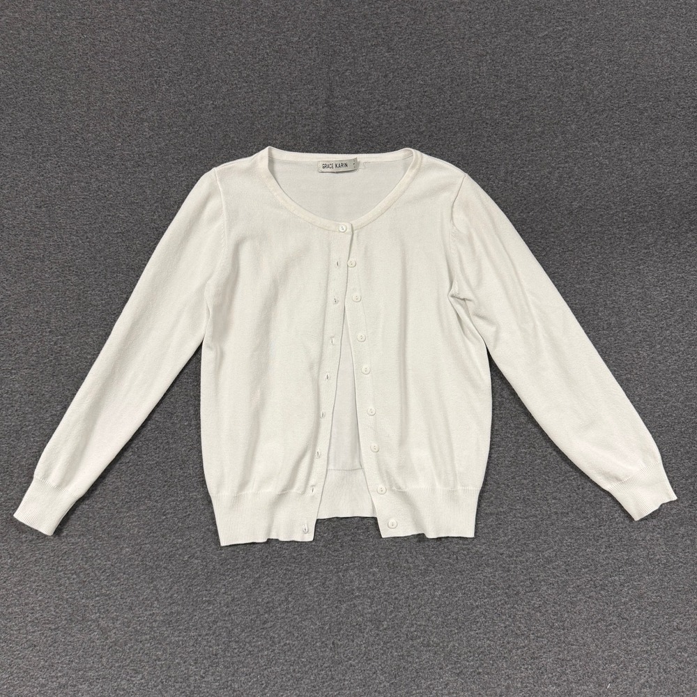 Modern Grace Karin Cardigan Women Small White Good Crew Neck Button Front Knit